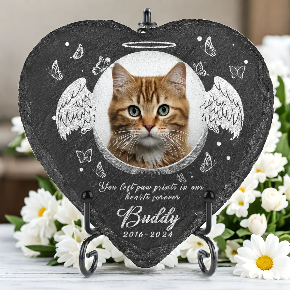 Personalized Heart Shaped Pet Grave Marker | Custom Photo & Text Dog Memorial Slate