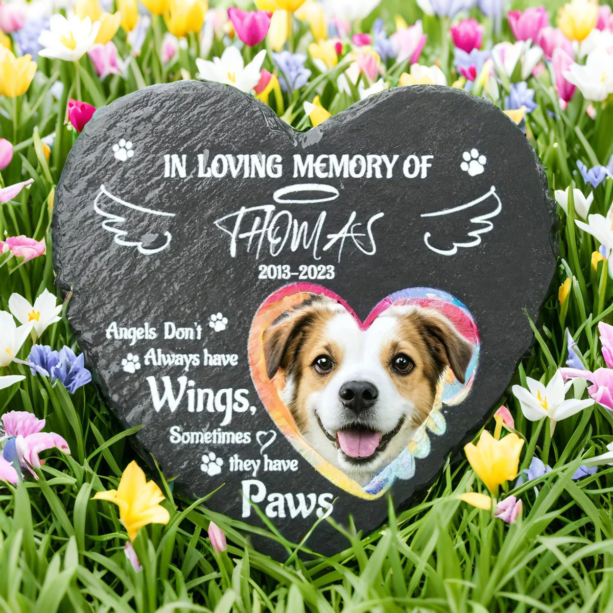 Personalized Heart Shaped Pet Grave Marker | Custom Photo & Text Dog Memorial Slate